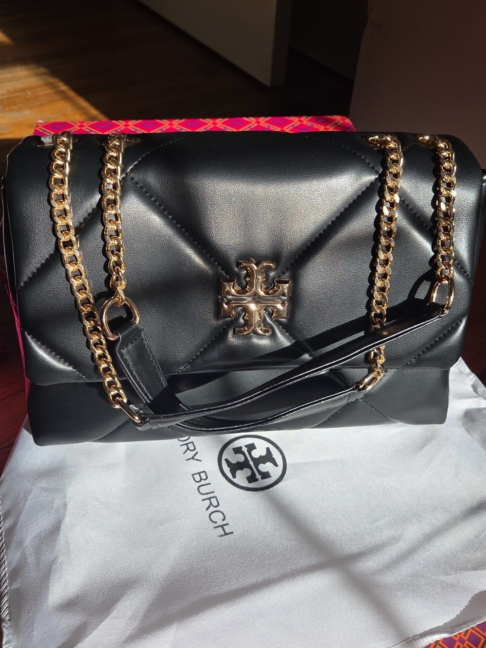 Tory Burch Black Quilted Leather Shoulder Bag with Gold Hardware